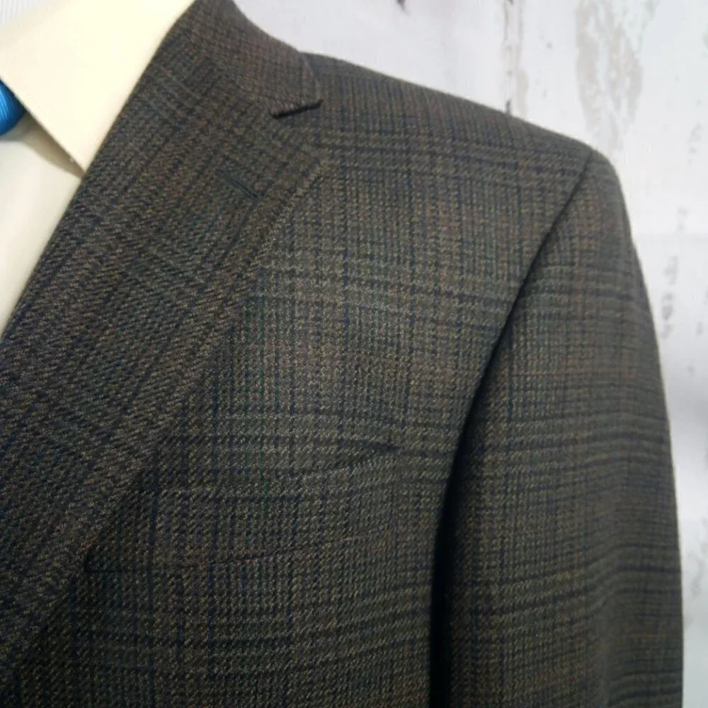 Oscar de la Renta 44R Lambswool Blend 2 Btn Brown Plaid Suit Blazer Sport Coat